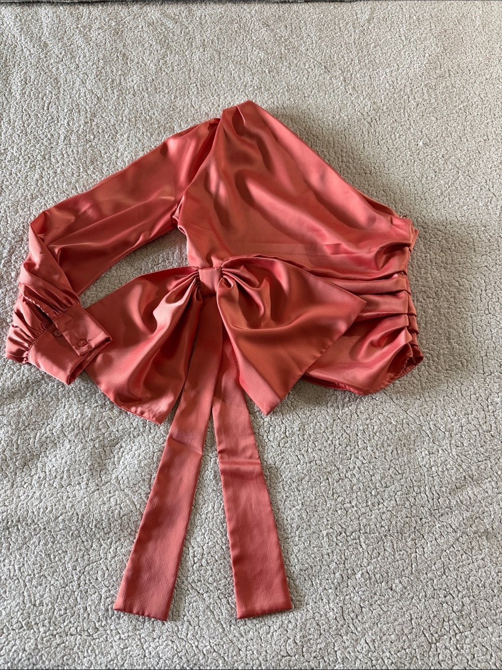 glam Coral Barbiecore Satin One-Shoulder Bow Blouse Medium
